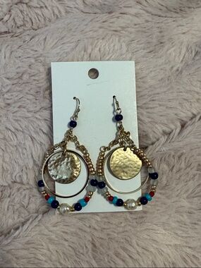 BoHo‎ Chic Gold-Tone Hoop Earrings with Blue, Turquoise and Red Beads